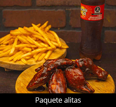 Paquete Alitas: 1 Orden de alitas bañadas con deliciosa salsa  BBQ, picante ò pimienta limón ó teriyaki ó BBQ mango agridulce + papas a la francesa + refresco de 400 mls $86.00